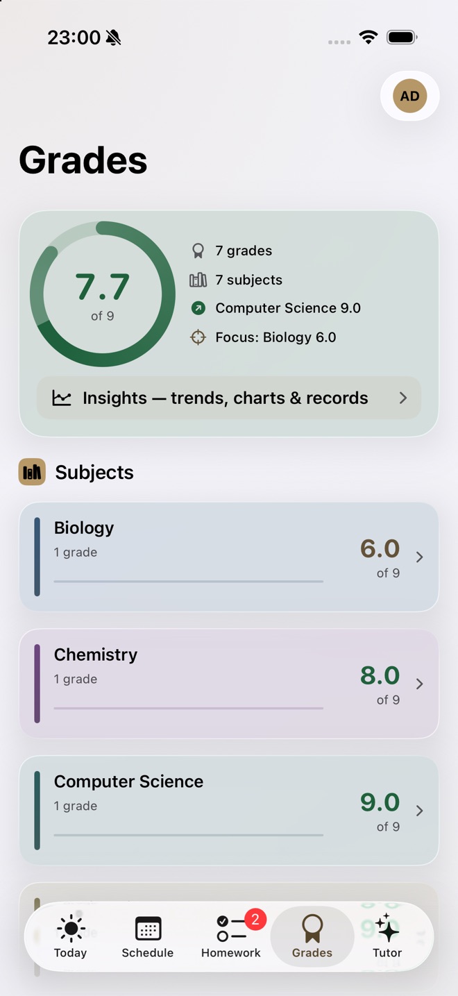 A grades screen showing an average of 7.7 out of 9 and three subjects.