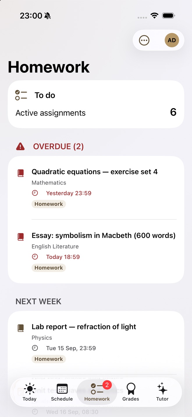 Bell's homework list with two overdue pieces and next week below.