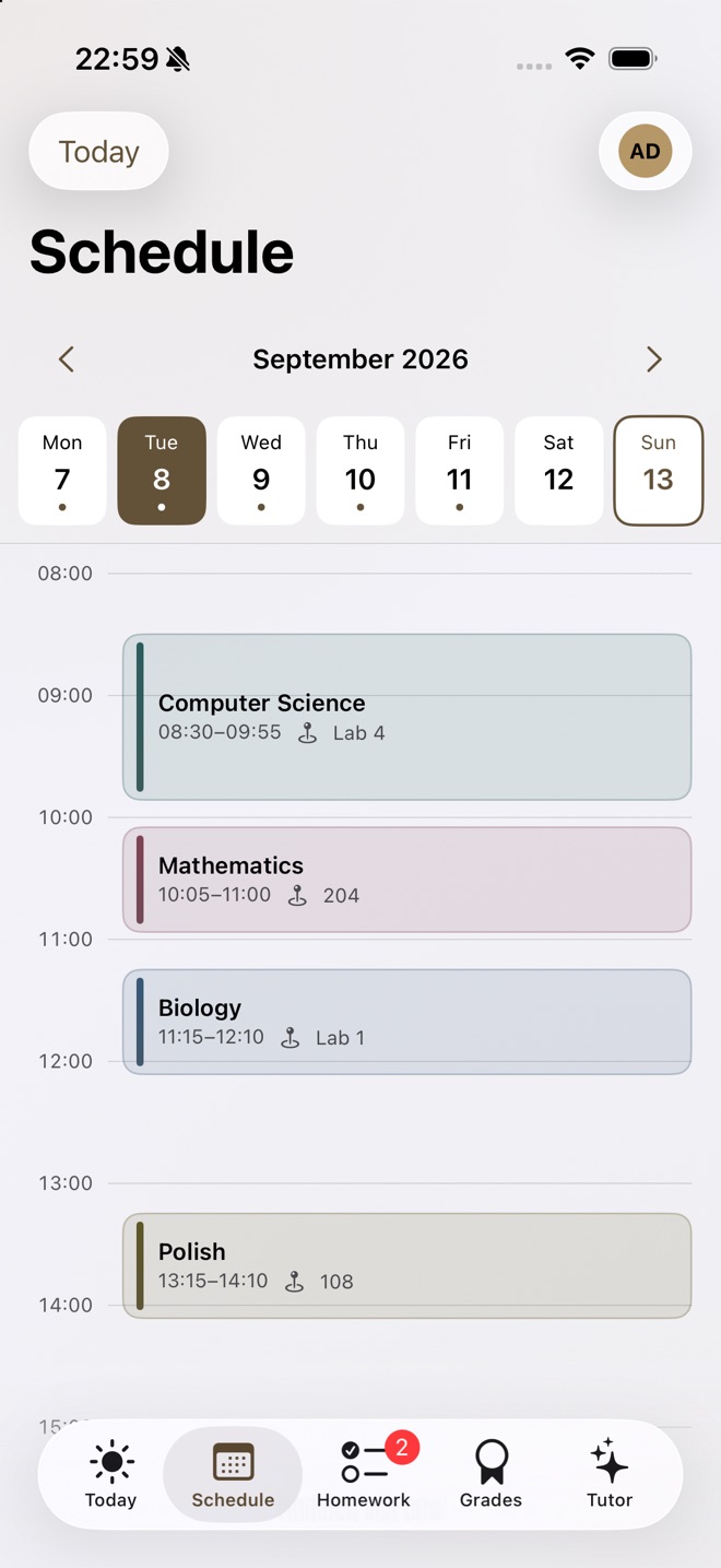 A Tuesday timetable in Bell, four lessons coloured by subject.